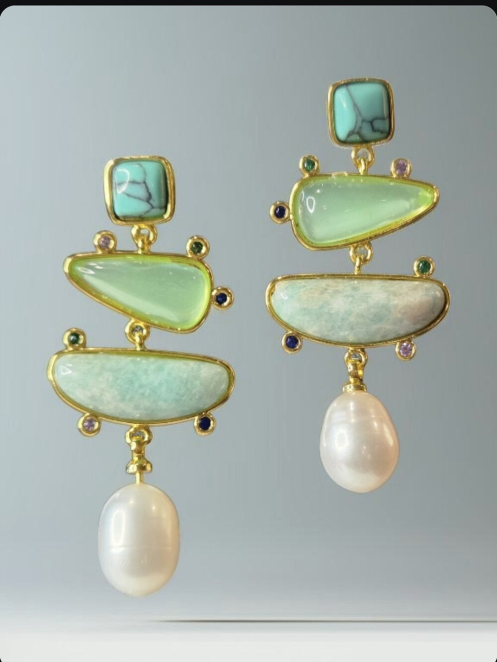 18k Gold Plated Turquoise Prehnite Amazonite Freshwater Pearl Crystal Earrings